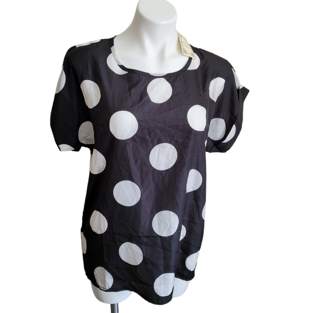 NWT Liva Girl Top Blouse XXL Short Cap Sleeve Black White Polka-dot